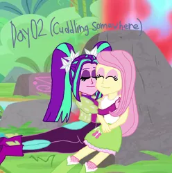 Size: 2000x2016 | Tagged: safe, artist:bigpurplemuppet99, derpibooru import, aria blaze, fluttershy, equestria girls, 30 day otp challenge, ariashy, cuddling, female, flutterblaze, lesbian, shipping