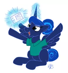 Size: 2086x2234 | Tagged: safe, artist:arrjaysketch, derpibooru import, princess luna, alicorn, pony, female, glowing horn, happy, horn, magic, mail, mare, postcard, simple background, telekinesis, that pony sure does love the post office, white background