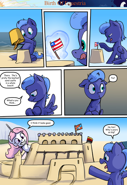 Size: 1280x1853 | Tagged: safe, artist:shieltar, derpibooru import, princess celestia, princess luna, pony, comic:birth of equestria, cewestia, comic, female, filly, flag, liberia, pink-mane celestia, sandcastle, woona, younger