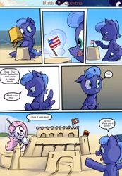 Size: 1280x1853 | Tagged: safe, artist:shieltar, derpibooru import, princess celestia, princess luna, pony, comic:birth of equestria, cewestia, comic, female, filly, flag, liberia, pink-mane celestia, sandcastle, woona, younger