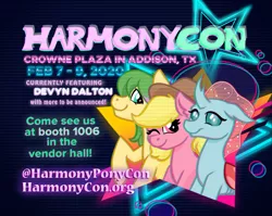 Size: 2115x1686 | Tagged: safe, artist:cadetredshirt, derpibooru import, ocellus, oc, oc:harmonic tune, oc:harmony star, changedling, changeling, earth pony, pegasus, pony, advertisement, harmonycon, harmonycon 2020