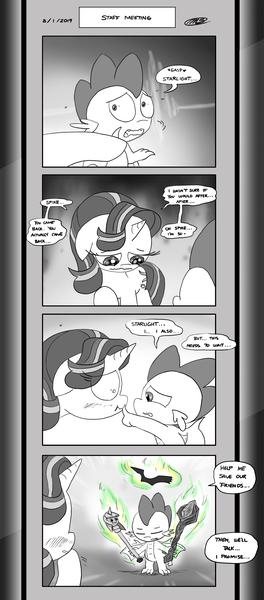 Size: 1451x3300 | Tagged: safe, artist:loreto-arts, derpibooru import, spike, starlight glimmer, dragon, pony, comic:friendship is innuendo, comic:friendship is innuendo vol. 2, bloodstone scepter, boop, comic, horn, magic, scepter, twilight scepter, winged spike