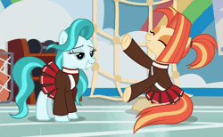 Size: 960x592 | Tagged: safe, derpibooru import, screencap, lighthoof, shimmy shake, earth pony, pony, 2 4 6 greaaat, animated, cheerleader, clothes, cropped, cute, eyes closed, female, gif, lightorable, mare, nuzzling, pleated skirt, ponytail, school of friendship, shakeabetes, skirt, sweater