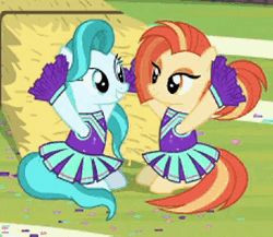 Size: 345x300 | Tagged: safe, derpibooru import, screencap, lighthoof, shimmy shake, pony, 2 4 6 greaaat, animated, cheerleader, cropped, cute, gif, hay bale, hug, laughing, lightorable, looking at each other, pom pom, shakeabetes