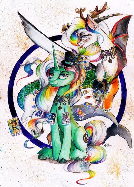 Size: 1024x1429 | Tagged: safe, artist:lailyren, artist:moonlight-ki, derpibooru import, oc, oc:fortune, unofficial characters only, draconequus, hybrid, unicorn, commission, draconequus oc, fanfic art, image, jpeg, luck, mixed media, original art, tarot card, traditional art, watercolor painting, wheel of fortune