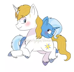 Size: 1192x1148 | Tagged: safe, artist:yoshiniyuriyaya, derpibooru import, prince blueblood, trixie, pony, bluetrix, female, image, male, mare, obtrusive watermark, png, prone, shipping, simple background, stallion, straight, watermark, white background