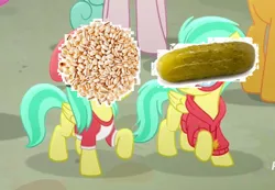 Size: 698x482 | Tagged: barley, barley barrel, derpibooru import, edit, edited screencap, food, op is on drugs, pickle, pickle barrel, rainbow roadtrip, safe, screencap, wat, what is this, wtf