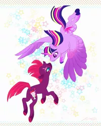 Size: 1600x2000 | Tagged: safe, artist:creeate97, derpibooru import, fizzlepop berrytwist, tempest shadow, twilight sparkle, twilight sparkle (alicorn), alicorn, pony, unicorn, abstract background, broken horn, butt, colored hooves, cutie mark, duo, eye scar, female, horn, implied lesbian, implied shipping, implied tempestlight, lesbian, looking at each other, mare, multicolored hair, plot, scar, shipping, signature, smiling, spread wings, tempestlight, wings