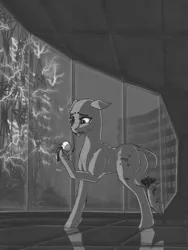 Size: 1500x2000 | Tagged: semi-grimdark, artist:madhotaru, derpibooru import, oc, unofficial characters only, pony, robot, robot pony, electricity, monochrome, solo, window