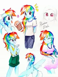 Size: 2218x2957 | Tagged: safe, artist:liaaqila, derpibooru import, rainbow dash, pegasus, pony, equestria girls, alternate hairstyle, alternate universe, apple cider, belt, cider, clothes, dress, eyes closed, eyes on the prize, female, hijab, human ponidox, irony, jeans, mare, mug, open mouth, pants, ponytail, self paradox, self ponidox, shirt, shorts, simple background, smiling, spread wings, t-shirt, tanktop, tongue out, traditional art, white background, wings