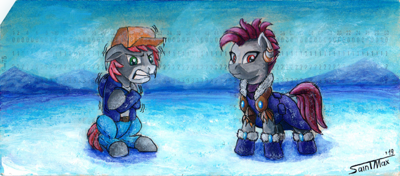 Size: 1600x703 | Tagged: safe, artist:sa1ntmax, derpibooru import, oc, oc:khaki-cap, oc:zjin-wolfwalker, earth pony, pony, zebra, clothes, commission, female, freezing, frozen, male, punch card, quadrupedal, snow, stallion, traditional art, zebra oc