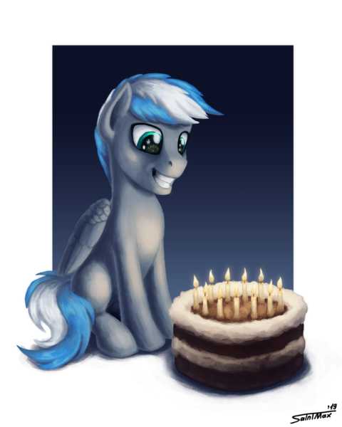 Size: 1199x1500 | Tagged: safe, artist:sa1ntmax, derpibooru import, oc, oc:cloud zapper, pegasus, pony, birthday cake, cake, candle, commission, food, happy, happy birthday, male, simple background, smiley face, solo, transparent background