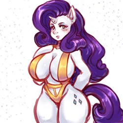 Size: 1000x1000 | Tagged: absolute cleavage, anthro, arm hooves, artist:pinkkoffin, big breasts, bikini, breasts, busty rarity, cleavage, clothes, derpibooru import, female, human facial structure, rarity, sling bikini, solo, solo female, suggestive, swimsuit, unguligrade anthro