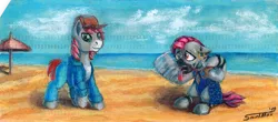 Size: 1600x706 | Tagged: safe, artist:sa1ntmax, derpibooru import, oc, oc:khaki-cap, oc:zjin, oc:zjin-wolfwalker, unofficial characters only, earth pony, pony, zebra, beach, clothes, cloud, commission, ear piercing, earring, female, heat, jewelry, male, ocean, open mouth, overheated, piercing, punch card, quadrupedal, sand, stallion, sweat, tongue out, wet, wet mane