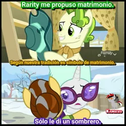 Size: 960x960 | Tagged: safe, derpibooru import, edit, edited screencap, screencap, butternut, pistachio, rarity, pony, best gift ever, clothes, female, hug, male, raristachio, shipping, spanish, straight, translation in description, winter outfit