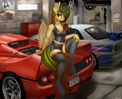 Size: 1796x1456 | Tagged: safe, artist:pony-way, derpibooru import, oc, oc:mango, anthro, bat pony, 2fast2furious, bat pony oc, bat wings, car, clothes, fast and furious, female, ferrari, ferrari f50, nissan skyline, sitting, solo, wings