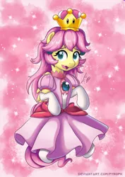 Size: 636x900 | Tagged: safe, artist:pyropk, derpibooru import, fluttershy, pegasus, pony, adorable face, alternate hairstyle, clothes, cosplay, costume, crown, cute, dress, female, flutterpeach, gloves, jewelry, long gloves, looking at you, looking sideways, mare, open mouth, pink dress, princess peach, regalia, shyabetes, skirt, socks, solo, sparkles, stockings, super mario bros., thigh highs, three quarter view, wavy mouth, white socks, white stockings