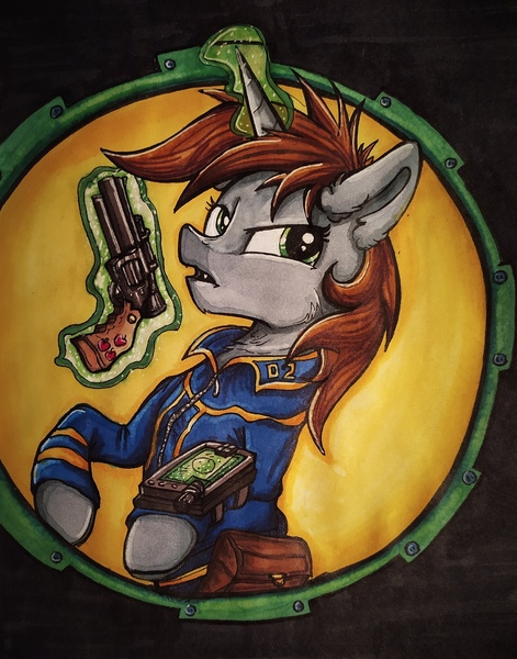 Size: 1694x2160 | Tagged: safe, artist:sharimapic, derpibooru import, oc, oc:littlepip, unofficial characters only, pony, unicorn, fallout equestria, fanfic, badass pone, clothes, fallout, fanfic art, female, glowing horn, gun, handgun, hooves, horn, levitation, little macintosh, magic, mare, open mouth, optical sight, pipbuck, revolver, scope, solo, stable, telekinesis, traditional art, vault suit, weapon