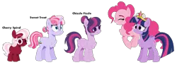 Size: 1456x536 | Tagged: safe, artist:cinnam0chi, derpibooru import, pinkie pie, twilight sparkle, twilight sparkle (alicorn), alicorn, pony, big crown thingy, chest fluff, element of magic, family, female, jewelry, lesbian, magical lesbian spawn, offspring, parent:pinkie pie, parent:twilight sparkle, parents:twinkie, regalia, shipping, simple background, transparent background, twinkie