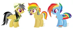 Size: 1083x441 | Tagged: safe, artist:g0ldentoothpick, derpibooru import, daring do, rainbow dash, oc, oc:flock together, pegasus, pony, daringdash, family, female, lesbian, magical lesbian spawn, mare, offspring, parent:daring do, parent:rainbow dash, parents:daringdash, shipping, simple background, white background