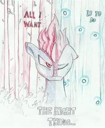 Size: 3744x4551 | Tagged: artist:foxtrot3, burning trees, colored pencil drawing, derpibooru import, fire, flickr flies, kirin, kirin oc, oc, oc:ghost pepper, safe, traditional art, two sided posters, unofficial characters only