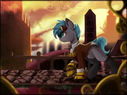 Size: 2984x2241 | Tagged: safe, artist:beardie, derpibooru import, oc, oc:mercury, unofficial characters only, pony, airship, amputee, city, prosthetic leg, prosthetic limb, prosthetics, smoke, steampunk, walkway