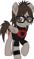 Size: 709x1220 | Tagged: safe, artist:lightningbolt, derpibooru import, ponified, pegasus, pony, .svg available, clandestine industries, clothes, folded wings, glasses, lidded eyes, looking at you, male, mikey way, movie accurate, my chemical romance, raised hoof, shirt, simple background, solo, stallion, svg, t-shirt, transparent background, vector, wings, wristband