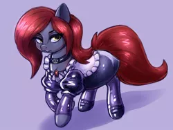 Size: 1032x774 | Tagged: safe, artist:noupie, derpibooru import, oc, oc:jessi-ka, unofficial characters only, pony, clothes, collar, dominatrix, female, image, jpeg, latex, latex dress, latex socks, latex under clothes, maid, mare, rubber, socks, solo