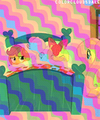 Size: 200x240 | Tagged: safe, derpibooru import, edit, edited screencap, screencap, apple bloom, fluttershy, scootaloo, sweetie belle, earth pony, pegasus, pony, unicorn, stare master, animated, bed, cutie mark crusaders, gif, hush now quiet now