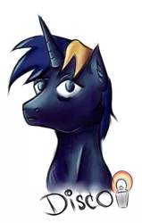 Size: 1539x2417 | Tagged: safe, artist:coco-drillo, derpibooru import, oc, pony, unicorn, badge, blonde mane, blue eyes, blue fur, blue mane, bust, calm, head, male, solo, stallion, thinking, thoughtful, trashcan