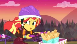 Size: 1892x1080 | Tagged: safe, derpibooru import, screencap, pinkie pie, sunset shimmer, equestria girls, equestria girls series, sunset's backstage pass!, spoiler:eqg series (season 2), basket, bicycle, churros, female, food, geode of empathy, helmet, magical geodes, mountain, mountain range, outdoors, raised eyebrow