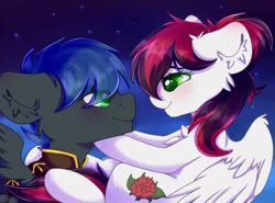 Size: 1038x770 | Tagged: safe, artist:etoz, derpibooru import, oc, oc:fantastic storm, oc:siren, unofficial characters only, pegasus, pony, blushing, fantasiren, female, looking at each other, male, mare, night, stallion, stars