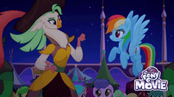 Size: 720x402 | Tagged: safe, derpibooru import, screencap, apple fritter, captain celaeno, rainbow dash, unnamed character, unnamed pony, earth pony, parrot pirates, pegasus, pony, unicorn, my little pony: the movie, animated, apple family member, background pony, canterlot, female, fist bump, friendship festival, gif, hoofbump, mare, market, pirate