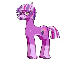 Size: 1870x1502 | Tagged: safe, artist:corporalvortex, derpibooru import, part of a set, twilight sparkle, earth pony, pony, leak, spoiler:g5, alternate color palette, alternate cutie mark, alternate design, alternate hairstyle, coat markings, colored hooves, cute, dock, ear fluff, earth pony twilight, female, g5, glasses, mare, redesign, short hair, short mane, short tail, simple background, smiling, socks (coat marking), solo, standing, twiabetes, twilight sparkle (g5), white background