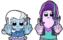 Size: 1100x700 | Tagged: safe, artist:shrimpshogun, derpibooru import, starlight glimmer, trixie, equestria girls, female, fuck you, lesbian, middle finger, pop team epic, shipping, startrix, trace, vulgar