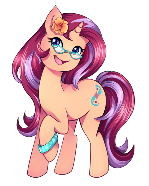 Size: 3599x4499 | Tagged: safe, artist:autumn rush, derpibooru import, oc, oc:amber spark, unofficial characters only, pony, unicorn, bracelet, cute, female, flower, flower in hair, glasses, jewelry, mare, runes, simple background, smiling, smiling at you, solo, transparent background, white outline