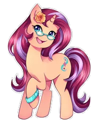 Size: 3599x4499 | Tagged: safe, artist:autumn rush, derpibooru import, oc, oc:amber spark, unofficial characters only, pony, unicorn, bracelet, cute, female, flower, flower in hair, glasses, jewelry, mare, runes, simple background, smiling, smiling at you, solo, transparent background, white outline