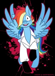 Size: 1100x1500 | Tagged: safe, artist:medix, derpibooru import, rainbow dash, pegasus, pony, fanfic:rainbow factory, abstract background, clothes, crazy face, faic, female, gloves, lab coat, rainbow factory dash, solo, splatter, spread wings, wings