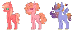Size: 2430x1030 | Tagged: safe, artist:lekewlcheese, derpibooru import, oc, unofficial characters only, alicorn, earth pony, pony, unicorn, blank flank, ethereal mane, floating wings, freckles, offspring, parent:big macintosh, parent:fluttershy, parent:princess luna, parent:sugar belle, parents:fluttermac, parents:lunamac, parents:sugarmac, pixel art, simple background, starry mane, transparent background, wings