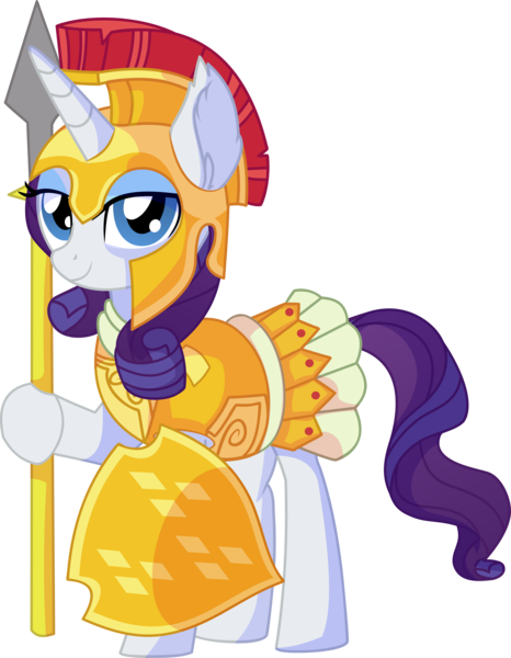 Size: 5781x7439 | Tagged: safe, artist:cyanlightning, derpibooru import, rarity, pony, unicorn, scare master, absurd resolution, armor, armor skirt, athena, athena rarity, beautiful, clothes, costume, cute, female, looking at you, mare, nightmare night, nightmare night costume, shield, simple background, skirt, smiling, smug, solo, spear, transparent background, vector, weapon