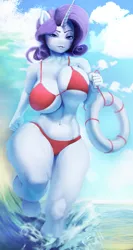 Size: 637x1200 | Tagged: absolute cleavage, anthro, artist:maarthul, big breasts, bikini, bouncing, bouncing breasts, breasts, busty rarity, cleavage, clothes, curvy, derpibooru import, female, hourglass figure, huge breasts, life preserver, mare, nail polish, rarity, red swimsuit, running, sexy, smiling, solo, solo female, stupid sexy rarity, suggestive, swimsuit, thighs, water, wide hips