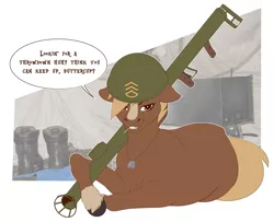 Size: 4750x3850 | Tagged: safe, artist:amaraburrger, derpibooru import, ponified, ponified:sgt. reckless, earth pony, pony, army, army helmet, clothes, dialogue, female, grin, helmet, hoers, looking at you, mare, military, prone, rocket launcher, smiling, soldier, solo, speech bubble, taunting, teasing, toothpick, uniform, unshorn fetlocks, warpone