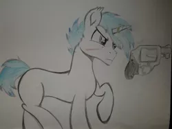 Size: 2016x1512 | Tagged: safe, artist:straighttothepointstudio, derpibooru import, oc, oc:snowy blue, unofficial characters only, pony, unicorn, angry, colored, gun, handgun, revolver, solo, traditional art, weapon