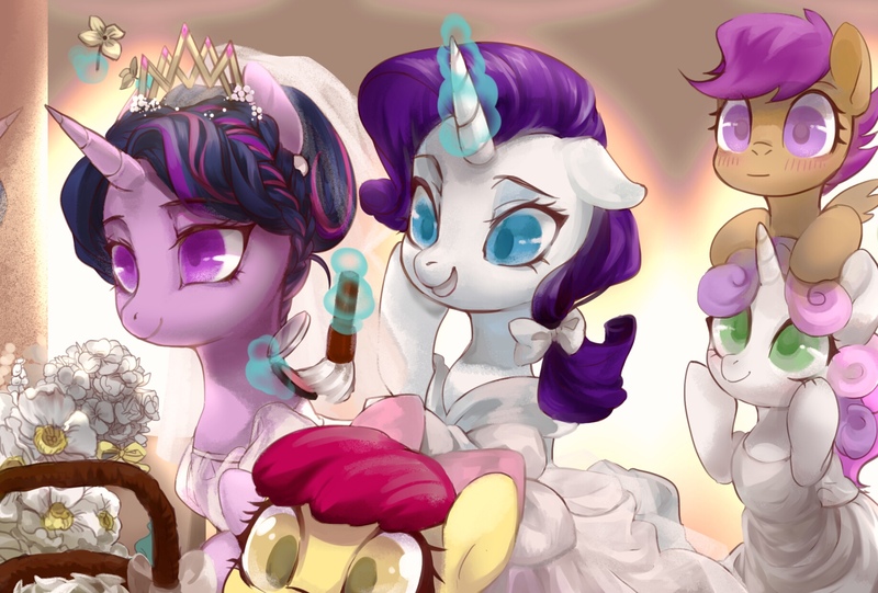 Size: 1835x1240 | Tagged: safe, artist:tingsan, derpibooru import, apple bloom, rarity, scootaloo, sweetie belle, twilight sparkle, twilight sparkle (alicorn), alicorn, earth pony, pegasus, pony, unicorn, bride, clothes, cutie mark crusaders, dress, female, filly, flower filly, flower girl, flower girl dress, magic, mare, marriage, smiling, wedding, wedding dress, wedding veil