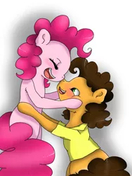 Size: 1536x2048 | Tagged: safe, artist:valiantstar00, derpibooru import, cheese sandwich, pinkie pie, earth pony, pony, blushing, cheek squish, cheesepie, clothes, female, happy, holding a pony, male, mare, open mouth, shipping, shirt, sidemouth, simple background, squishy cheeks, stallion, straight, white background