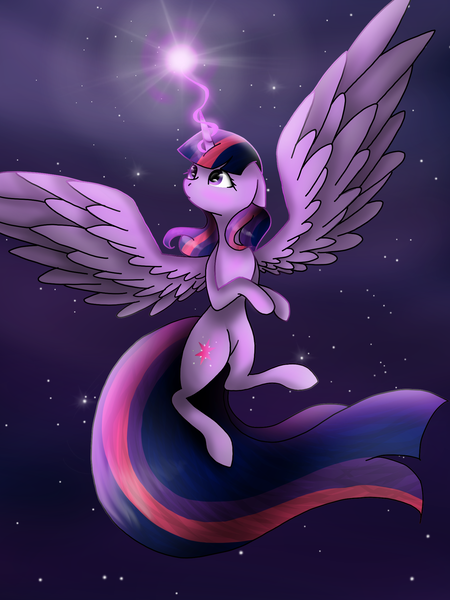 Size: 1536x2048 | Tagged: safe, artist:valiantstar00, derpibooru import, twilight sparkle, twilight sparkle (alicorn), alicorn, pony, cutie mark, female, flying, glowing horn, horn, large wings, long tail, magic, mare, night, solo, space, spread wings, starry night, stars, wings