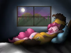 Size: 2048x1536 | Tagged: safe, artist:valiantstar00, derpibooru import, cheese sandwich, pinkie pie, earth pony, pony, bed, blushing, cheesepie, cutie mark, female, floppy ears, male, mare, missing accessory, moon, night, on bed, shipping, sleeping, smiling, stallion, stars, straight, window