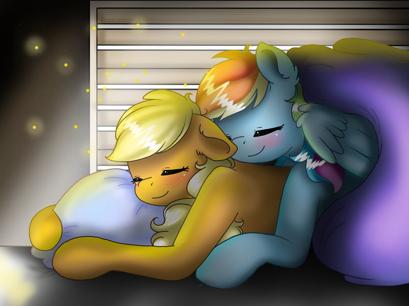 Size: 2048x1536 | Tagged: safe, artist:valiantstar00, derpibooru import, applejack, rainbow dash, earth pony, pegasus, pony, appledash, bed, blushing, cuddling, female, floppy ears, hug, lesbian, mare, missing accessory, on bed, pillow, pillow hug, shipping, sleeping, smiling, sunset, window