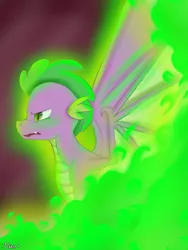 Size: 1800x2400 | Tagged: abstract background, artist:valiantstar00, badass, derpibooru import, dragon, epic, fire, green fire, male, open mouth, profile, safe, sidemouth, solo, spike, spread wings, wing claws, winged spike, wings