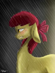 Size: 1536x2048 | Tagged: safe, artist:valiantstar00, derpibooru import, apple bloom, earth pony, pony, blank flank, blushing, crying, female, filly, floppy ears, profile, rain, sad, solo